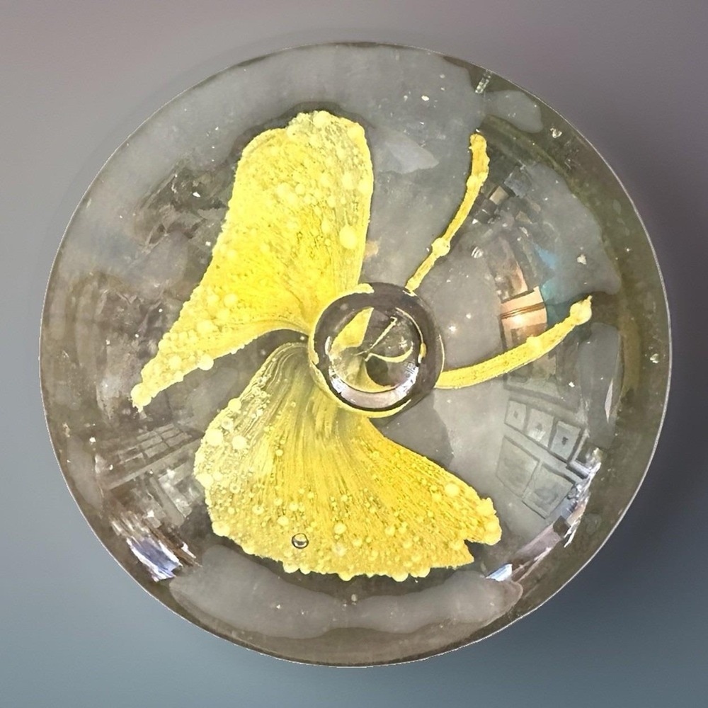 Vintage Art Glass Paperweight Yellow Flower Lampwork Bubble Clear Glass 3 Inch